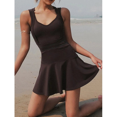 'Lyra' V-Neck Unitard Lined Active Dress - Celes Fashion